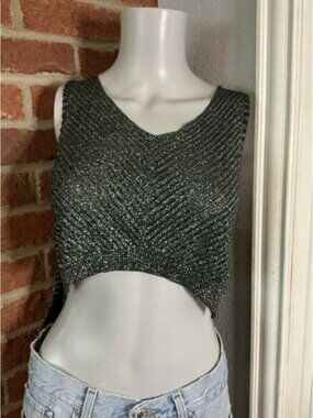 Black Shimmer Knit Crop Top V Neck Sparkly Y2K Going Out Sleeveless Hi/Lo Tank